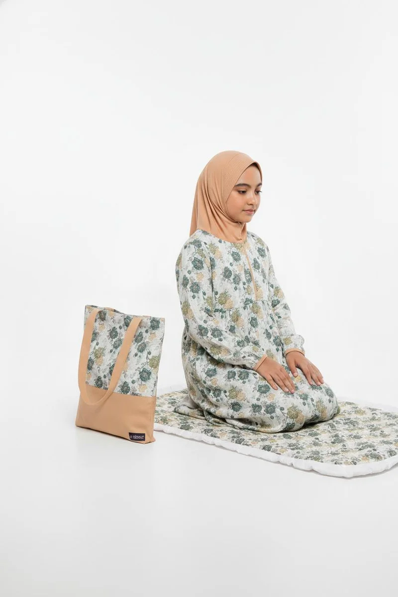 Artemea Cream Printed Girls Prayer dress- Mat & Bag set